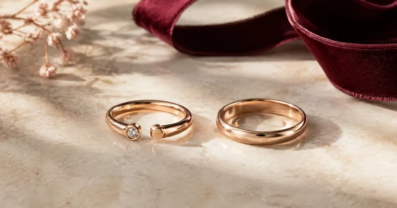 An open-ended rose-gold ring displayed beside a fixed plain band.