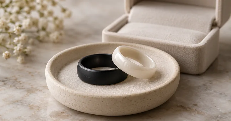 Black and ivory ceramic-style bands arranged with a ring box on a softly lit stone surface
