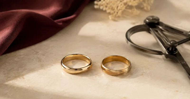 A polished gold band and a gently worn gold band displayed beside closed calipers.