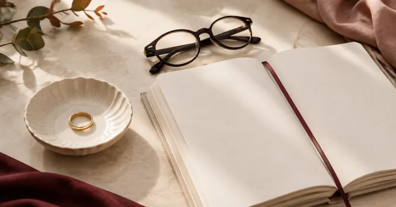 A plain ring in a ceramic dish beside reading glasses and an open blank journal.