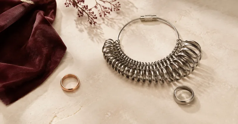 Metal ring-sizing loops and two plain bands arranged on a cream jewellery surface.