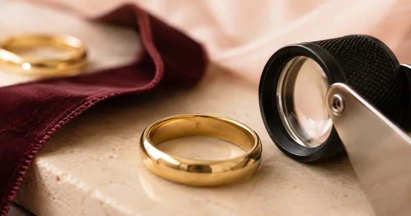 A jeweller’s loupe examining the inner surface of a plain gold ring.