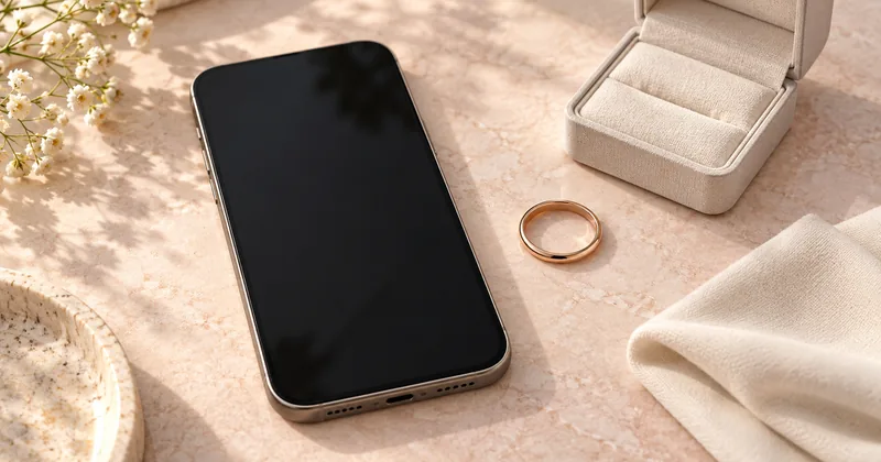 Editorial illustration of a smartphone beside a rose-gold ring and an open ring box