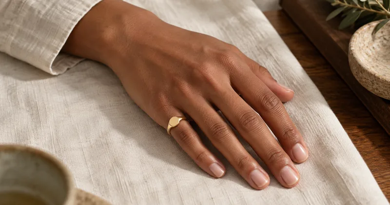 Editorial illustration of a hand wearing a gold signet ring on the little finger