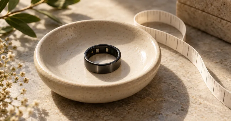 Unbranded smart-ring concept in a shallow ceramic dish beside a measuring tape