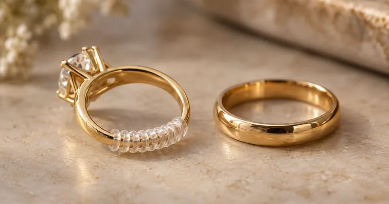 Stone-set ring with a clear coil adjuster around its lower band, beside a plain ring