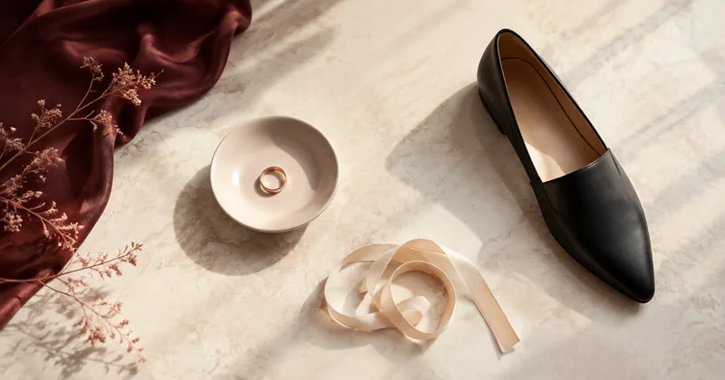 A ring in a small dish placed separately from an unbranded shoe and ribbon.