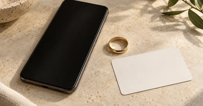 Smartphone, plain gold-coloured ring and blank reference card on a warm stone surface