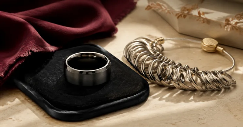 A dark wide tungsten ring on a jeweller’s pad beside metal sizing loops.