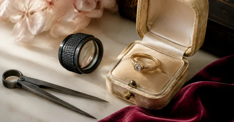 A detailed vintage-style ring in a cream box beside a loupe and closed calipers.