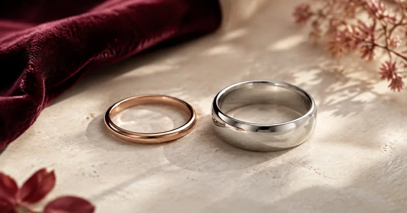 A slim rose-gold ring and a broad silver ring displayed side by side.