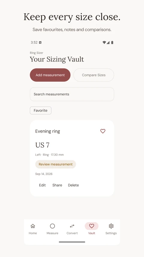 Keep the hand, finger and measurement in your sizing vault.