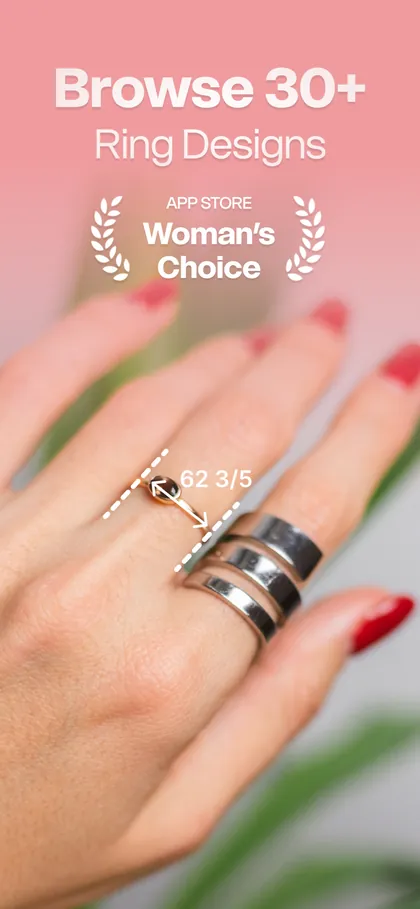 A measured ring size shown over a real hand, in the app’s lifestyle screen