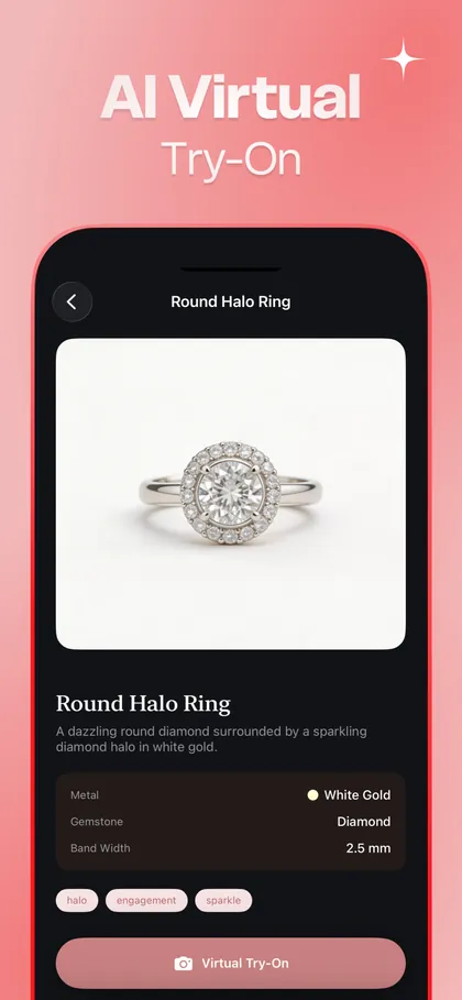 The ring detail screen for a Round Halo Ring in white gold, showing metal, gemstone and 2.5 mm band width
