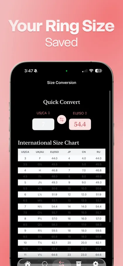 The Size Conversion screen converting US 7 to EU/ISO 54.4 above the international size chart
