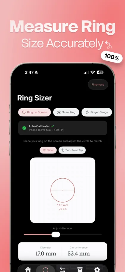 The Ring Sizer measuring screen, auto-calibrated to an iPhone 15 Pro Max at 460 PPI, reading 17.0 mm and US 6.5