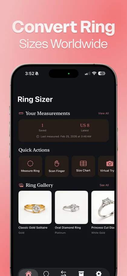 The Ring Sizer home screen showing saved measurements, quick actions and the ring gallery